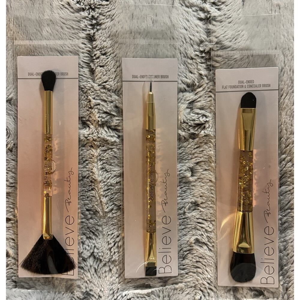 Believe Beauty Dual Ended Makeup Brush Set 3pc Highlight Foundation Eyeliner